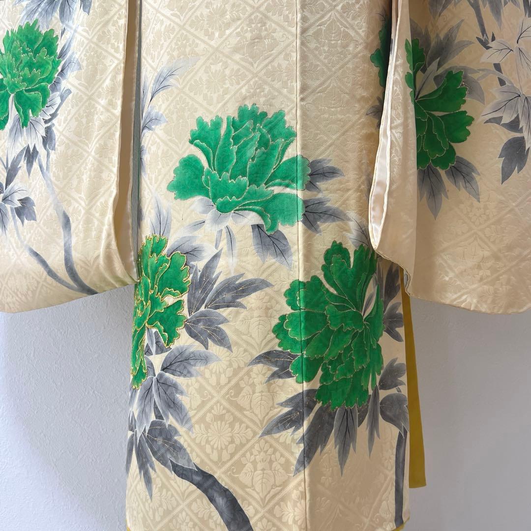398 振袖フルセット 正絹 クリーム グリーン 緑 黄 金彩 手描き 駒刺繍