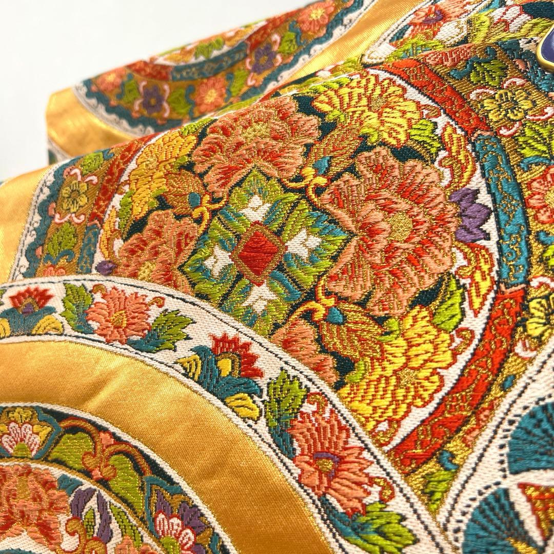 398 振袖フルセット 正絹 クリーム グリーン 緑 黄 金彩 手描き 駒刺繍