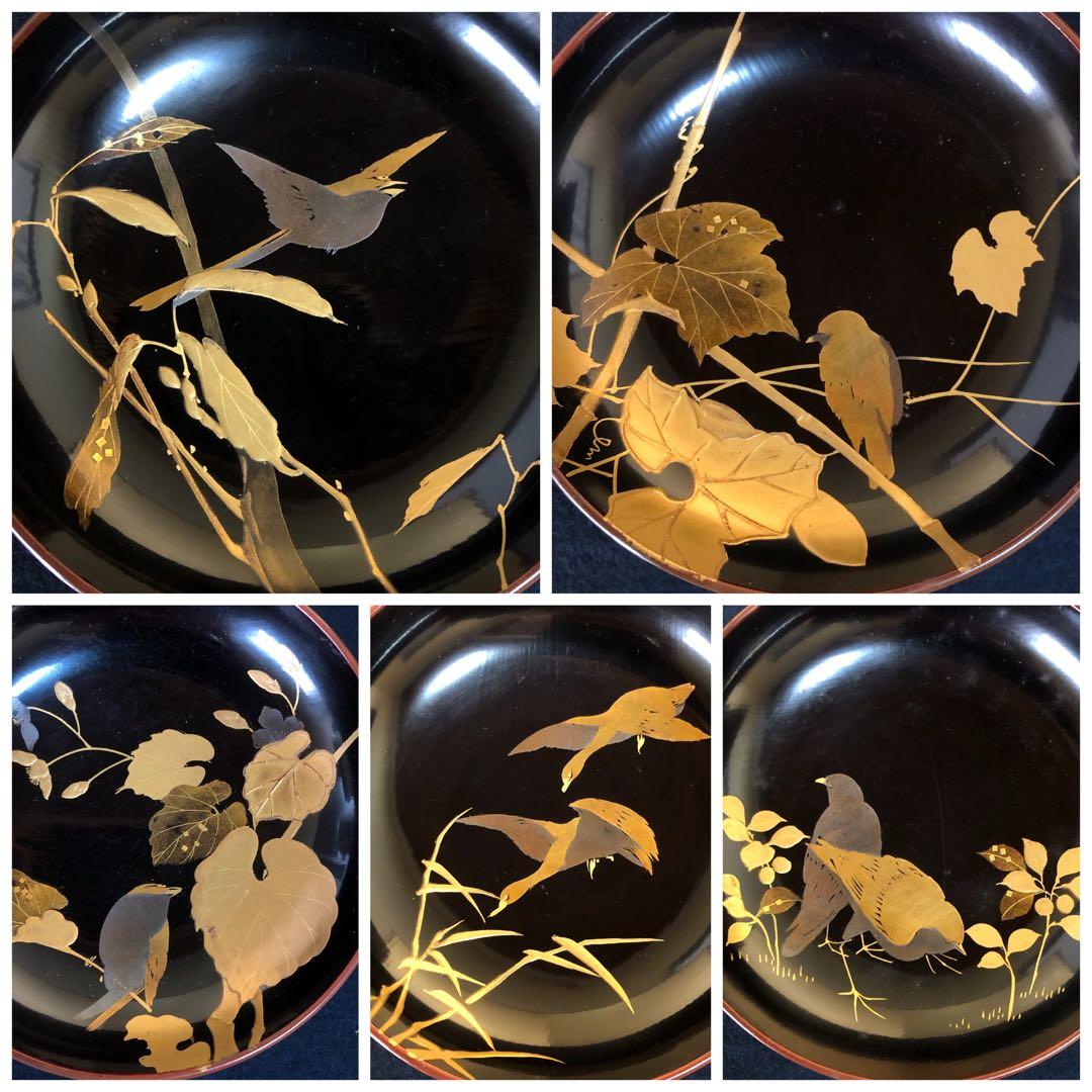 《R》懐石 絵変り鳥蒔絵 雑煮椀10客 木製漆器 木箱　260109き2