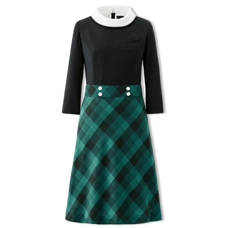 【新品タグ付き】アンジョア 事務服 11号 七分袖ワンピース グリーンチェック