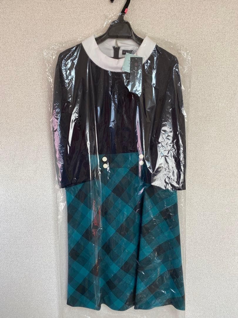 【新品タグ付き】アンジョア 事務服 11号 七分袖ワンピース グリーンチェック