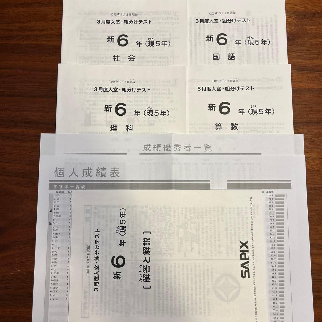 サピックス 2025年 新6年（現5年）3月度入室、組分けテスト - メルカリ