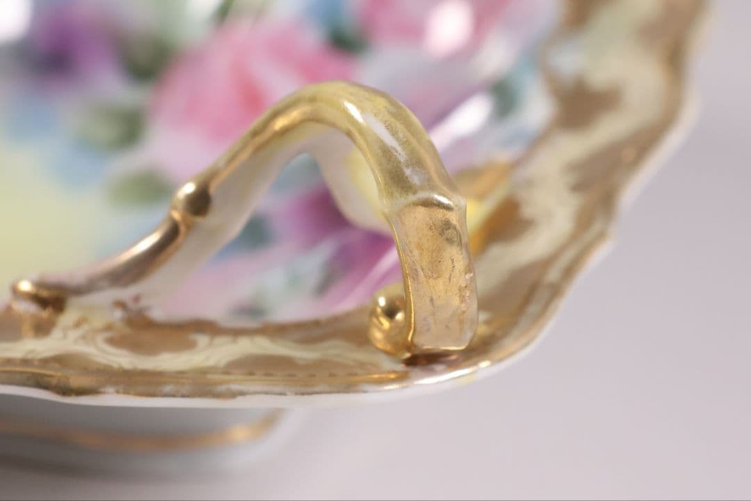 【CM297】オールドノリタケ 花 皿 薔薇 パンジー 金彩 イエロー 黄色