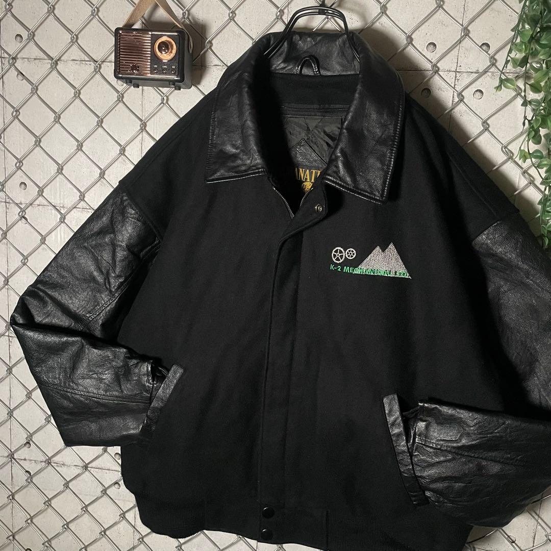 AMANATI アマナティ スタジャン 襟革 本革 企業ロゴ刺繍 黒 L程