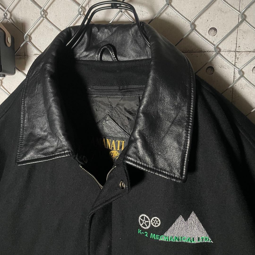 AMANATI アマナティ スタジャン 襟革 本革 企業ロゴ刺繍 黒 L程