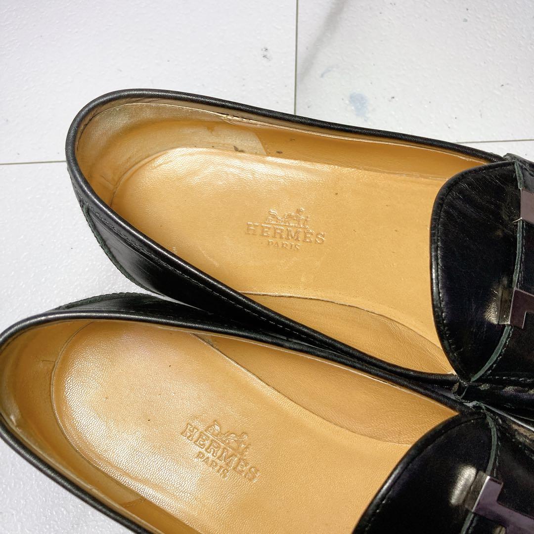高級 HERMES エルメス モカシンパリ ローファー 黒 シルバー 23.5