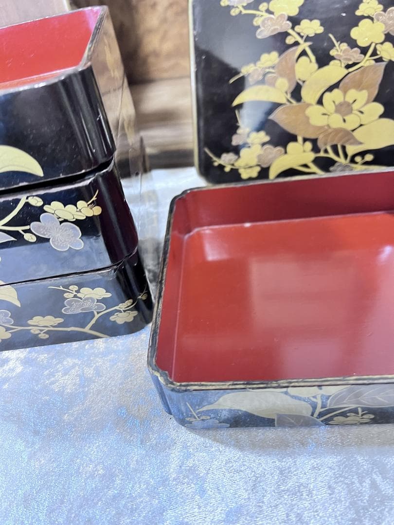 金銀蒔絵 野弁当箱 椿 梅紋 漆器 重箱セット 金箔花模様