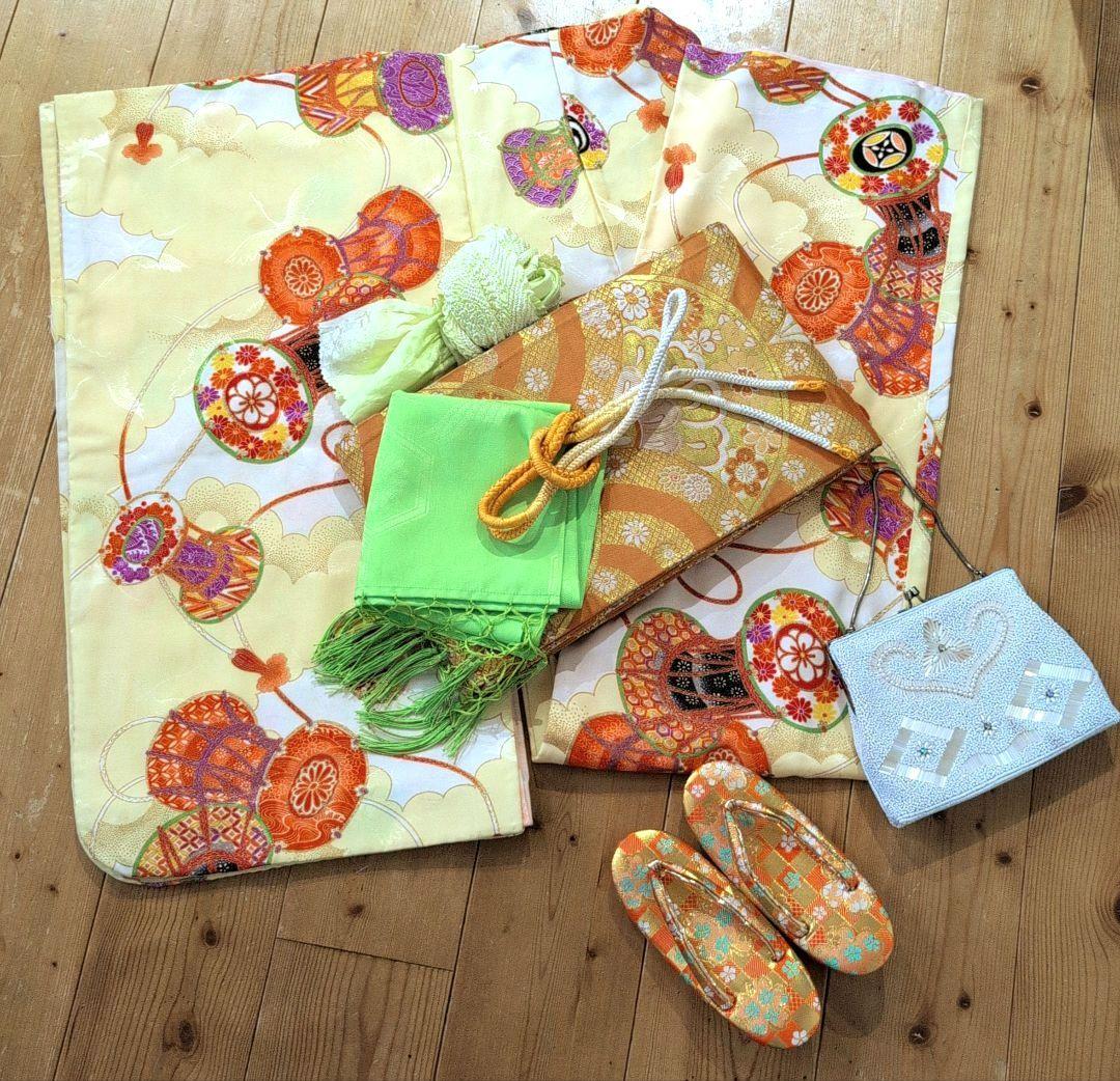 正絹アンティーク着物【オフホワイト×レモンイエロー堤柄】七五三７歳セット