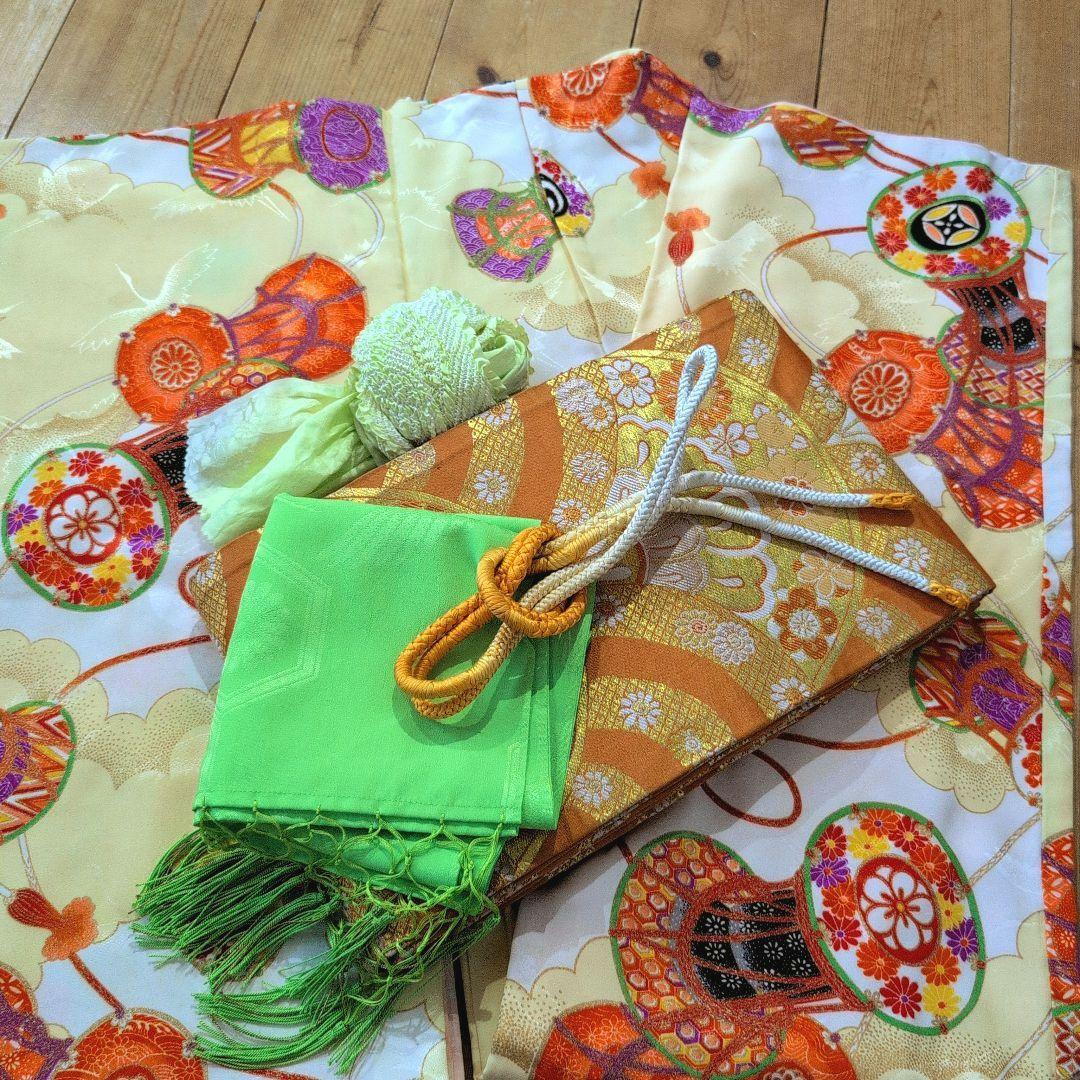 正絹アンティーク着物【オフホワイト×レモンイエロー堤柄】七五三７歳セット