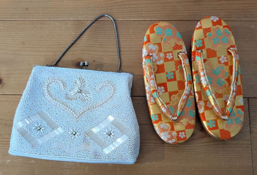 正絹アンティーク着物【オフホワイト×レモンイエロー堤柄】七五三７歳セット