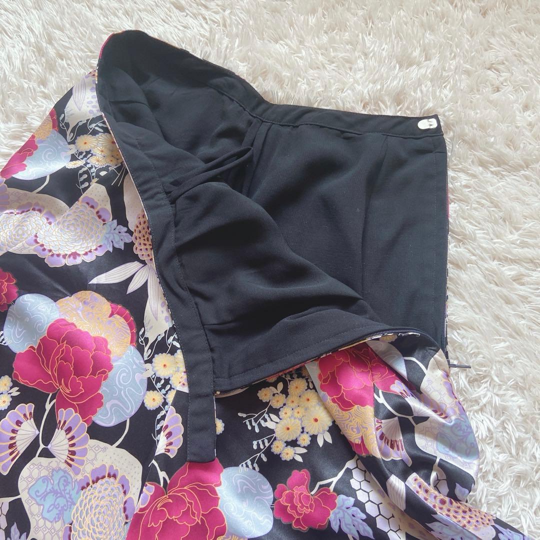 社交ダンス　スカート　フリル　和柄　花柄　フラメンコ　黒赤　ロング丈　ファルダ