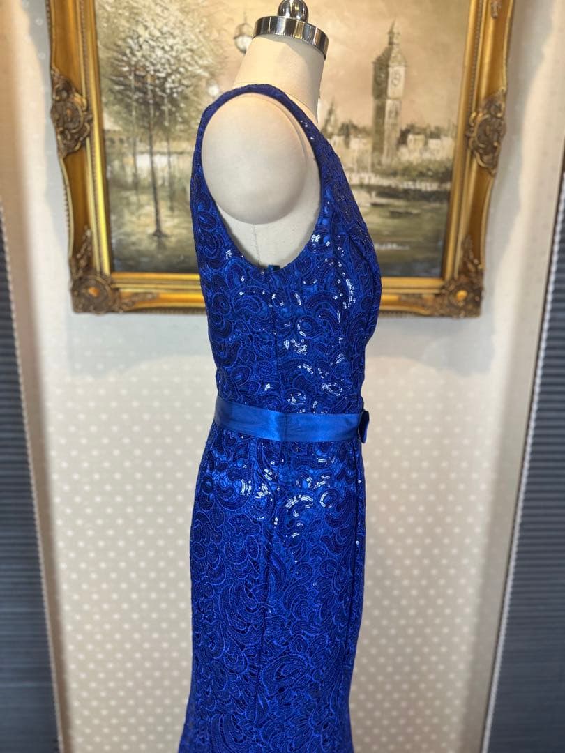 青色レーススパンコール刺繍マーメイドドレス ウエストリボン付き