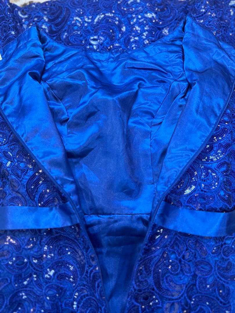 青色レーススパンコール刺繍マーメイドドレス ウエストリボン付き