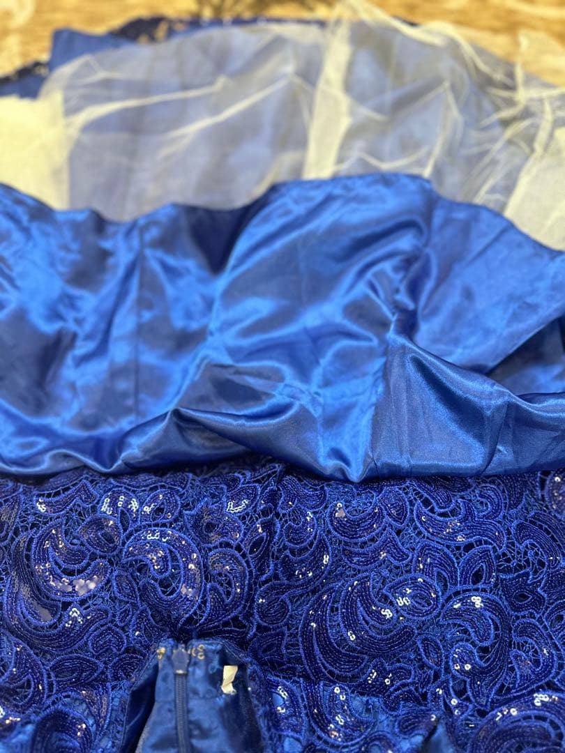 青色レーススパンコール刺繍マーメイドドレス ウエストリボン付き