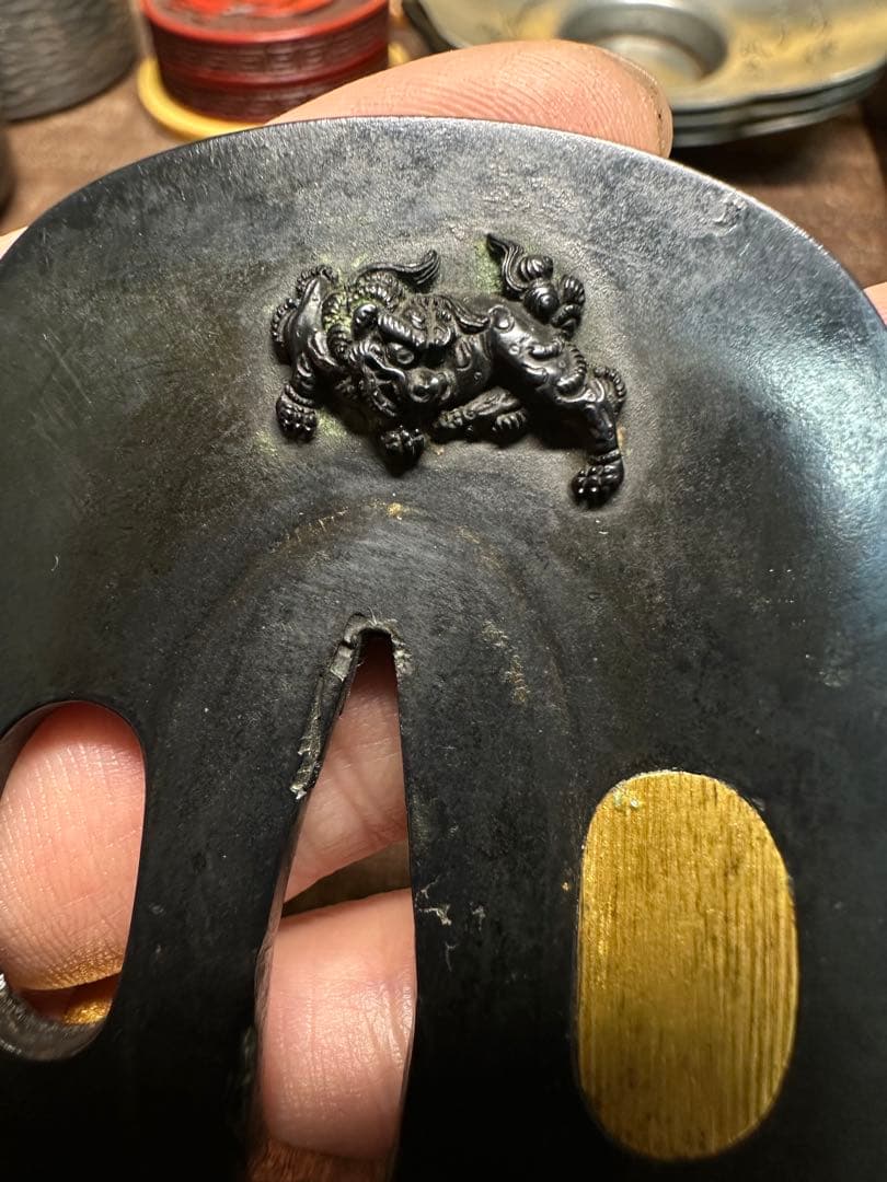 赤銅　鍔　つば　武具　象嵌　波兎　獅子牡丹　江戸時代　骨董古美術