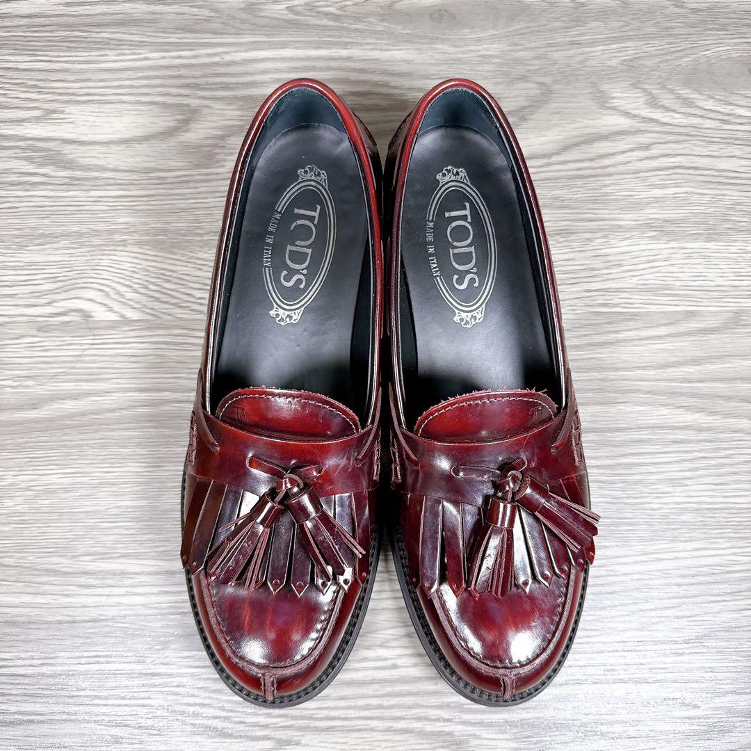 美品 トッズ タッセルローファー フリンジ バーガンディ 36 本革