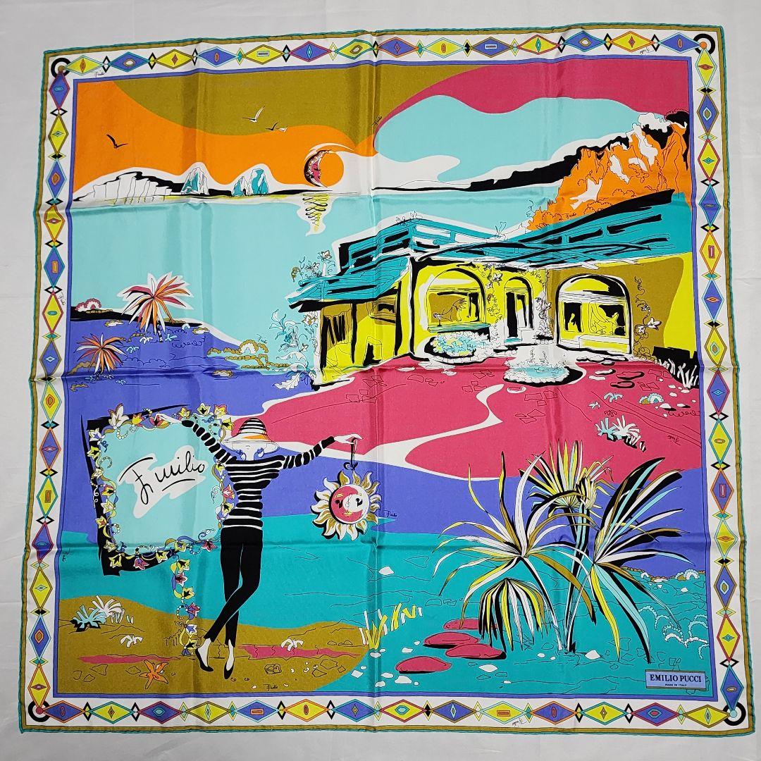 美品 ★エミリオプッチ★ スカーフ 大判 リゾート 女性 シルク スカイブルー.