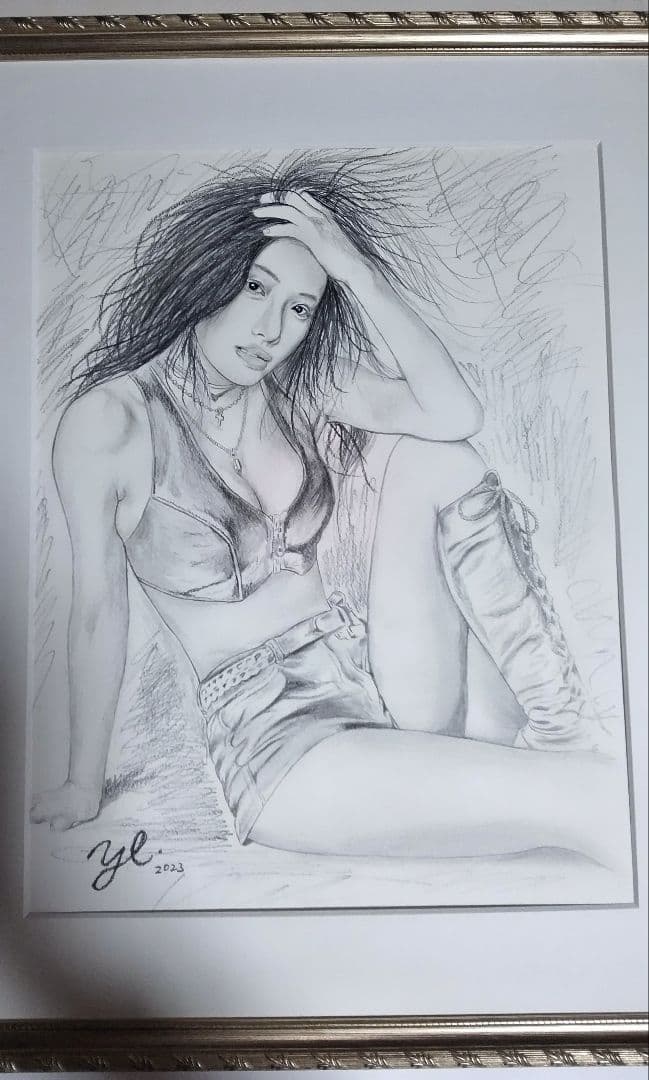 絵画、美人画、裸婦6F、ブーツS、新品額縁、肉筆、真作。