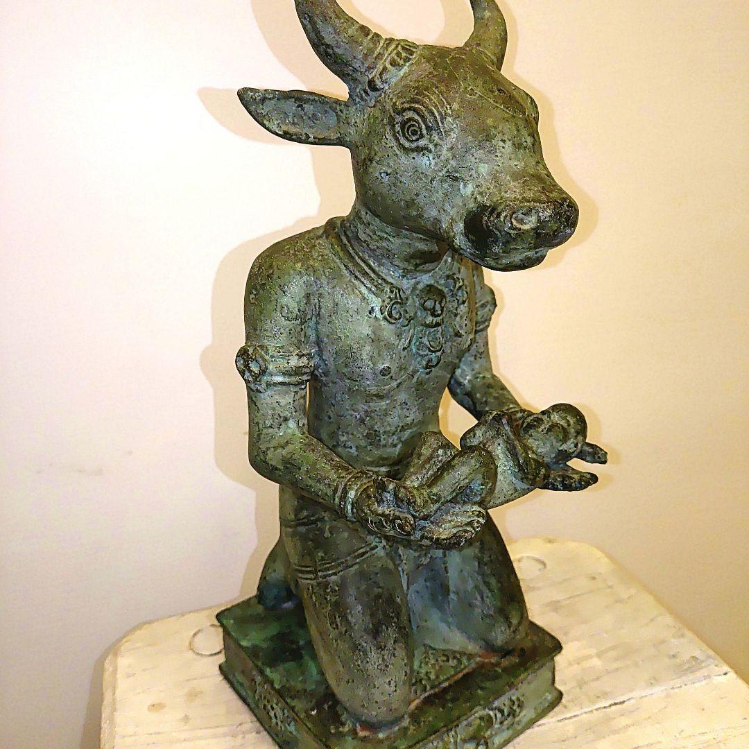 青銅 牛頭人型 彫刻 約28cm　チベット仏教の牛頭法王