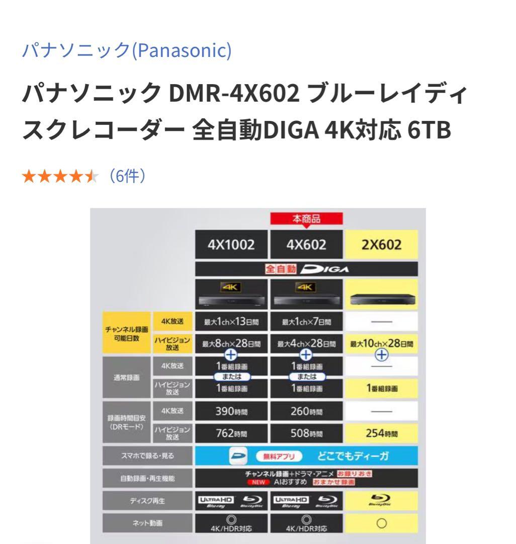Panasonic 4Kチューナー内蔵 全自動ディーガDMR-4X602 6TB