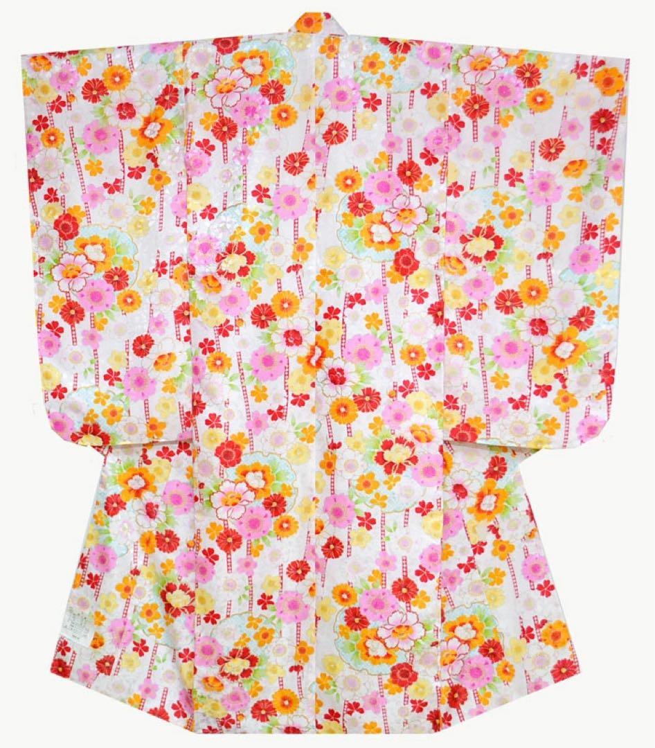 1点限り　七五三 着物 7歳 女の子 着物フルセット 桜に雪輪柄　白