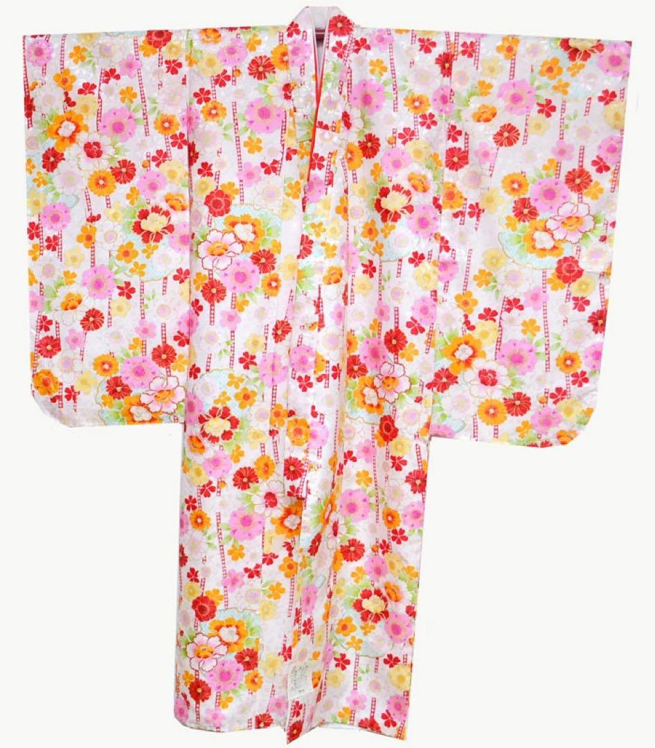 1点限り　七五三 着物 7歳 女の子 着物フルセット 桜に雪輪柄　白