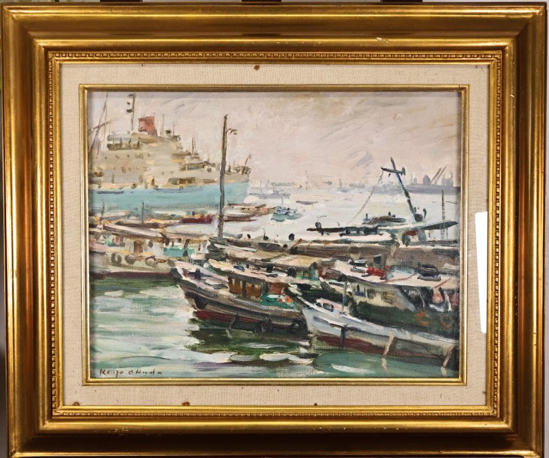 真作 奥田憲三 「 逆光の港 」 F6号 油彩 共シール 一水会員 BJ233