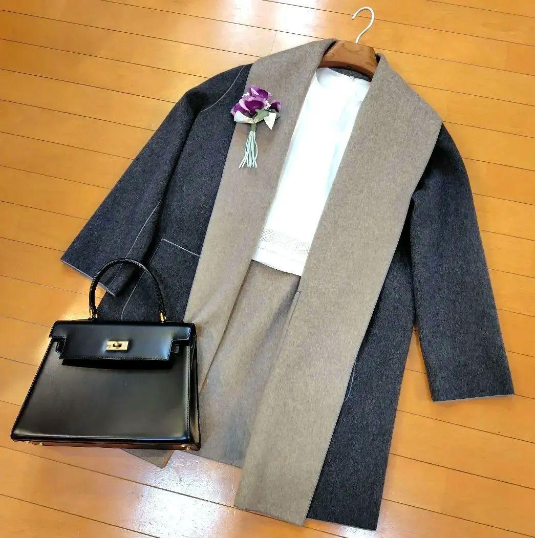 ジ*ン様 レリアン 近年モデル 最高級ノーカラーロングコート ダブルフェイス9M