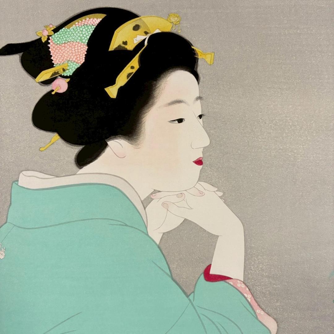 美品 上村松園「わか葉」手摺木版画 モモセ版画美術 証明シール有 近代