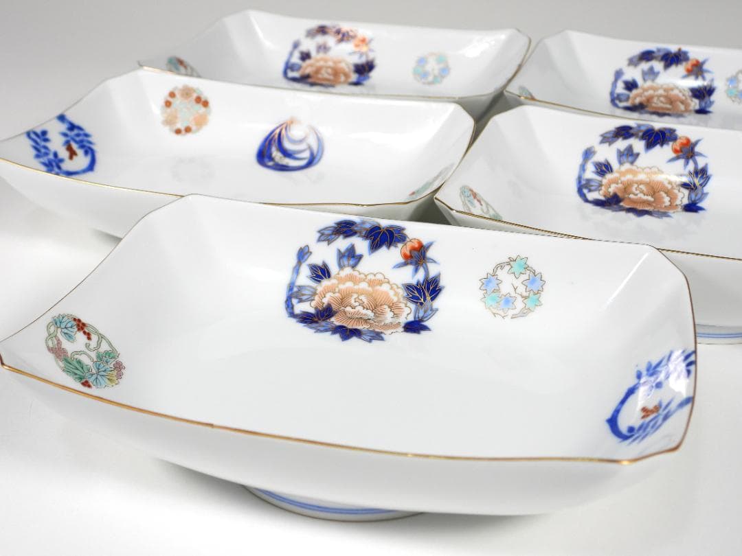 深川製磁 染錦花丸紋 長角皿 刺身皿5枚