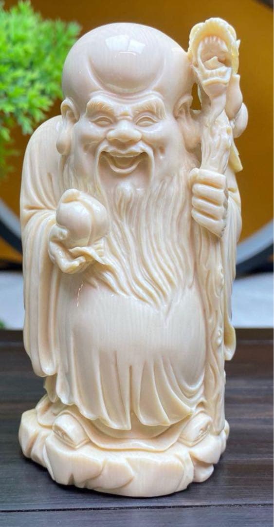 天然マンモス牙美しい手作り彫刻福禄寿 置物