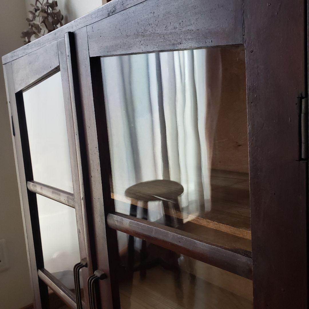 古い木製　ゆらゆらガラス　本棚　食器棚　収納棚　水屋箪笥　古家具