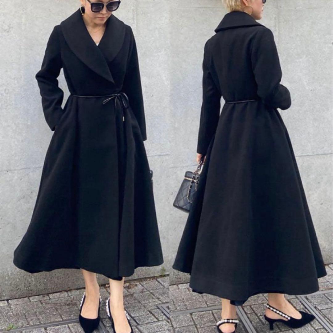 【JENNE】エレガントカラー　フレアコート　ブラック　黒　L