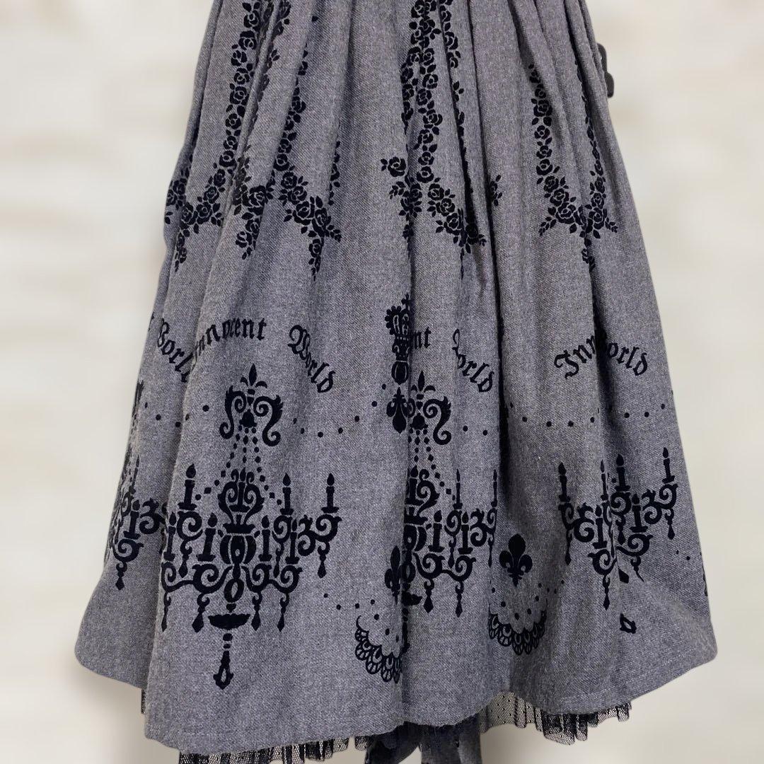 イノセントワールド濃グレー シャンデリアフロッキープリントノースリーブワンピース