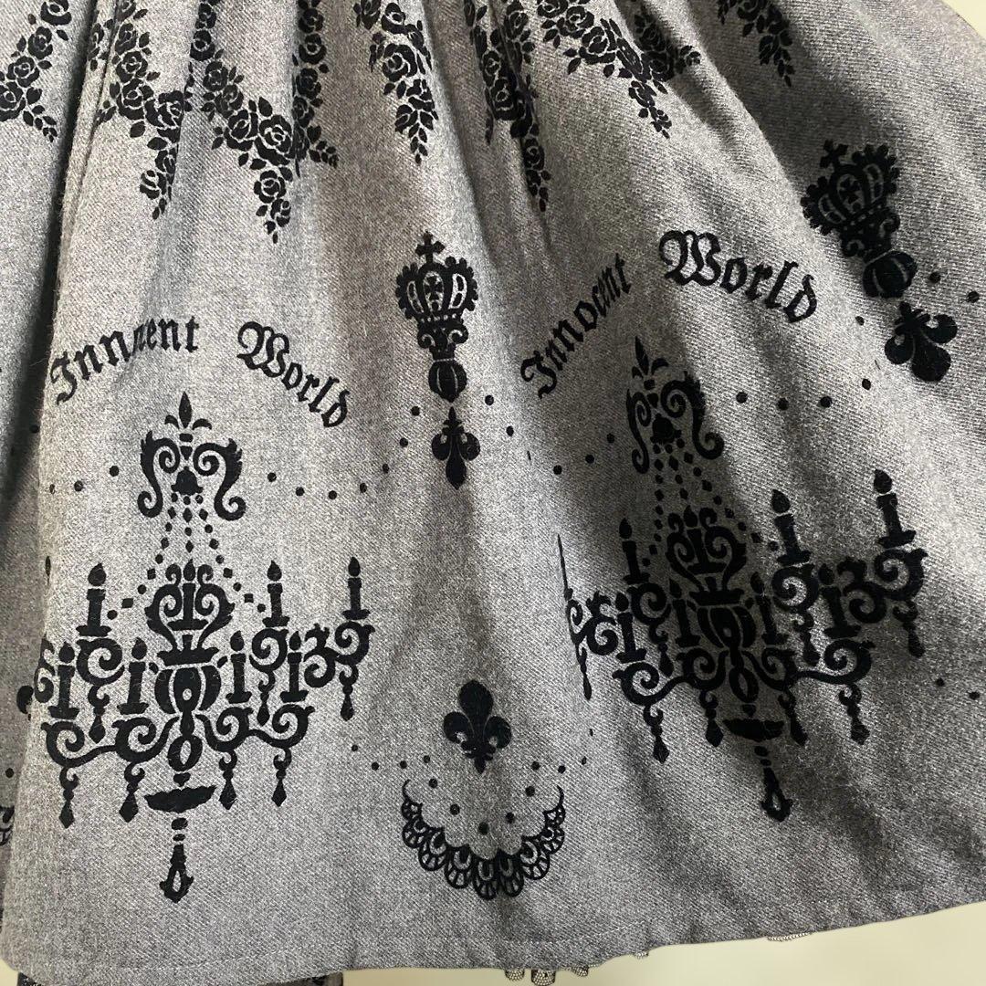 イノセントワールド濃グレー シャンデリアフロッキープリントノースリーブワンピース