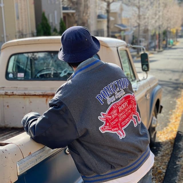 PORKCHOP MELTON VARSITY JACKET GRAY　木村拓哉