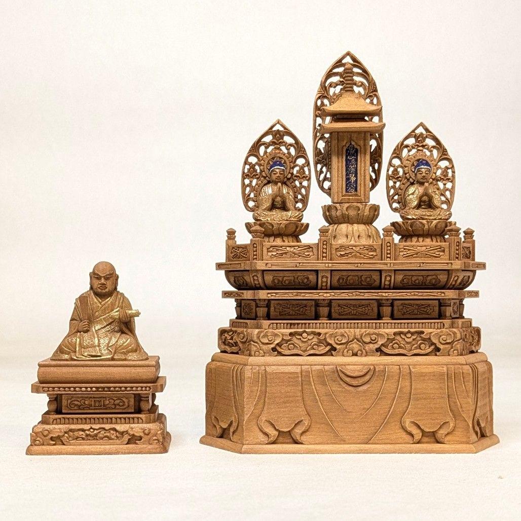 【セール・新品】 厨子入り　日蓮聖人　三宝尊　紅檀　金泥　総高さ約21㎝