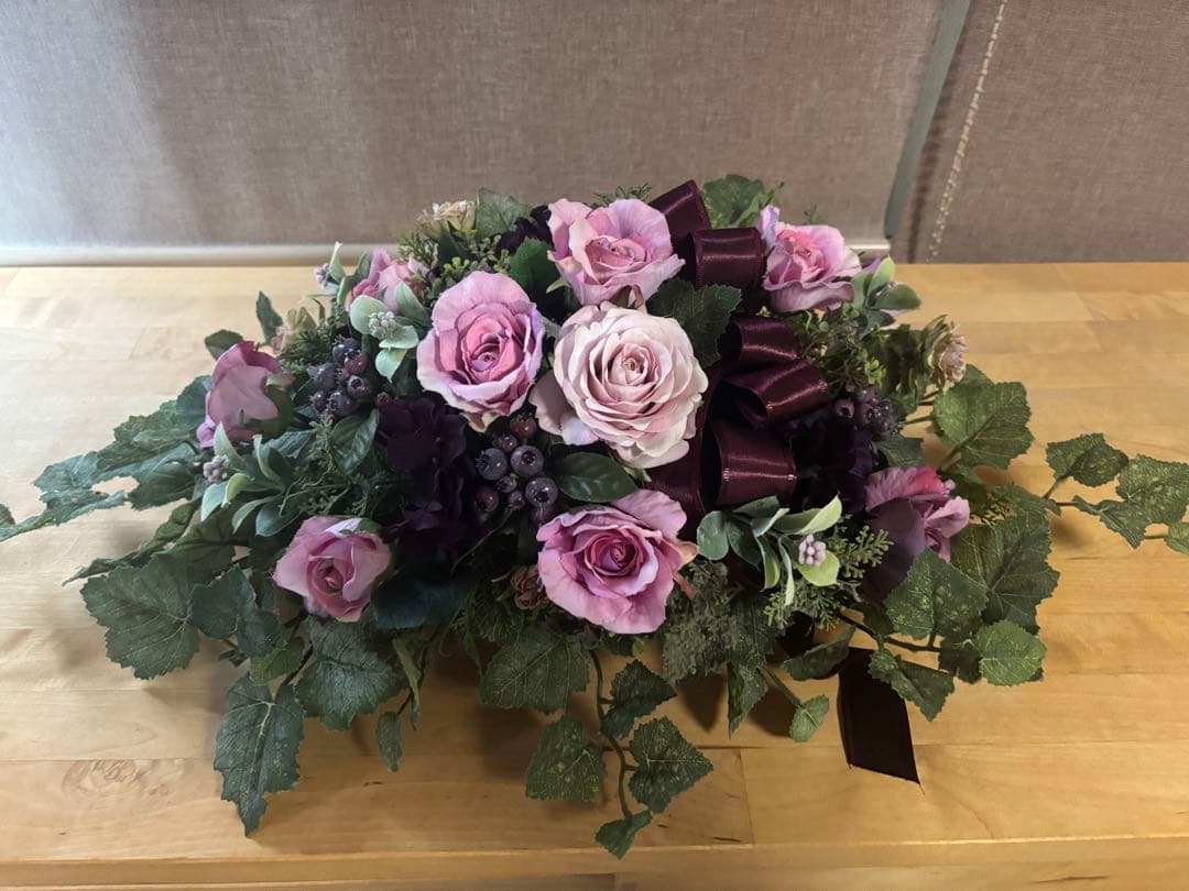 1点モノ☆薔薇と秋色紫陽花のホリゾンタルアレンジ