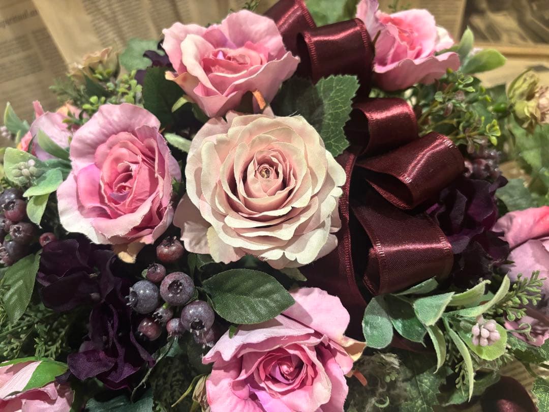 1点モノ☆薔薇と秋色紫陽花のホリゾンタルアレンジ