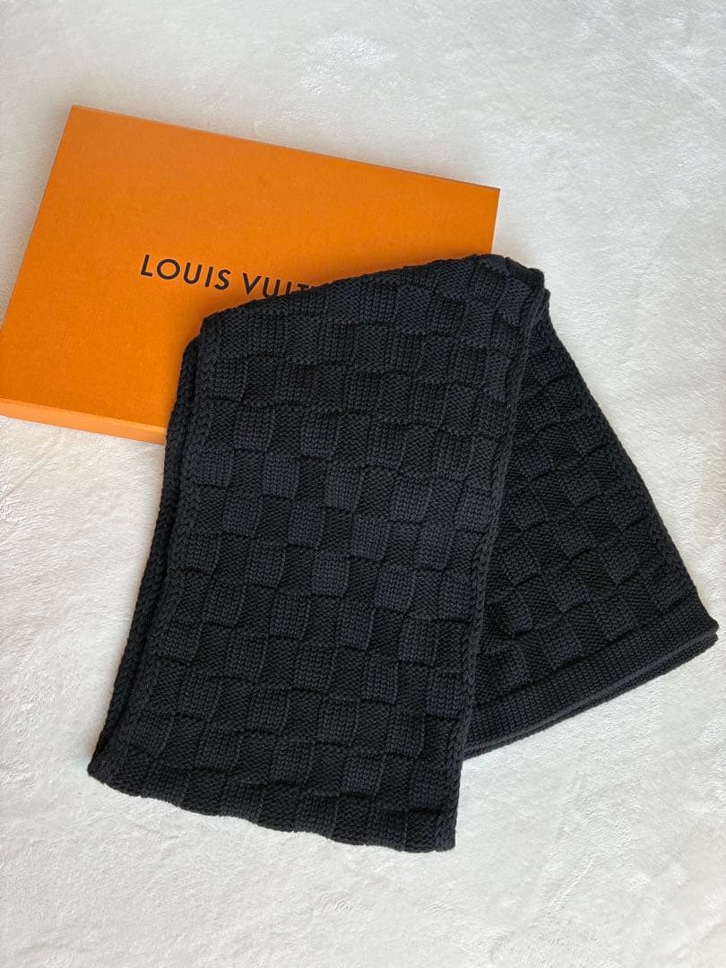 美品　LOUIS VUITTONダミエヘリテージスナッグマフラー ブラックウール