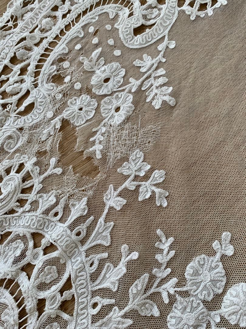 フランスアンティークコーネリー刺繍チュールレースカーテン※スカラップ刺繍