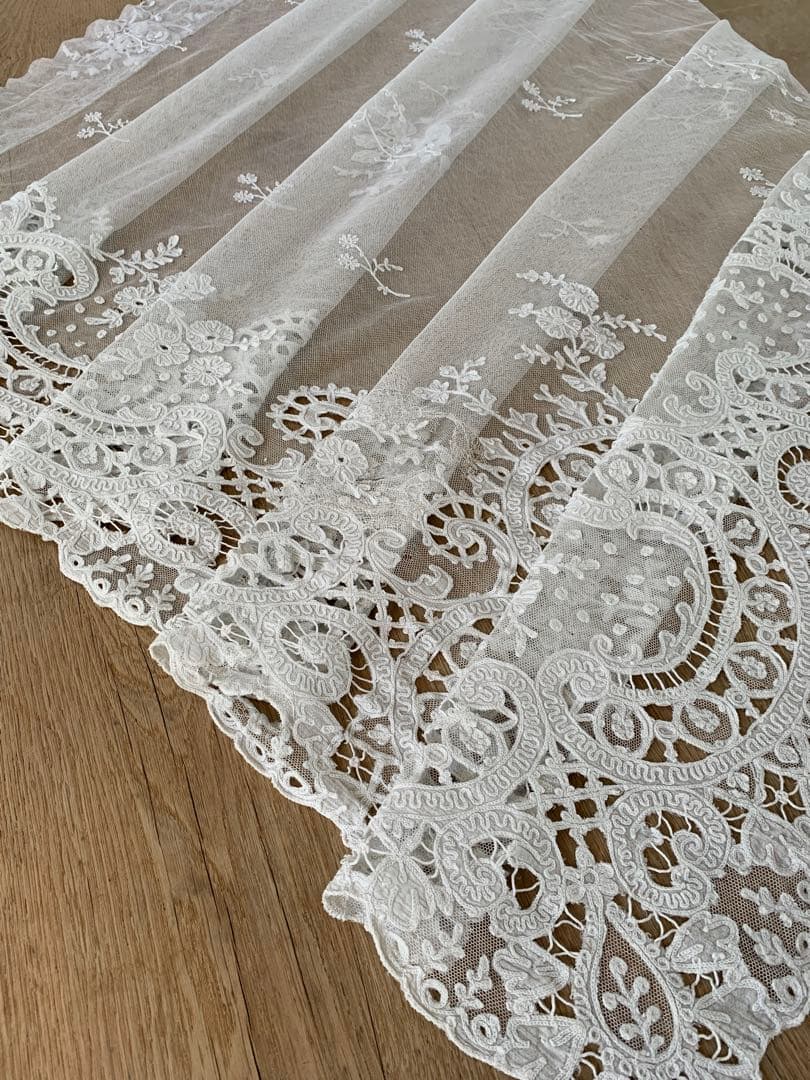 フランスアンティークコーネリー刺繍チュールレースカーテン※スカラップ刺繍