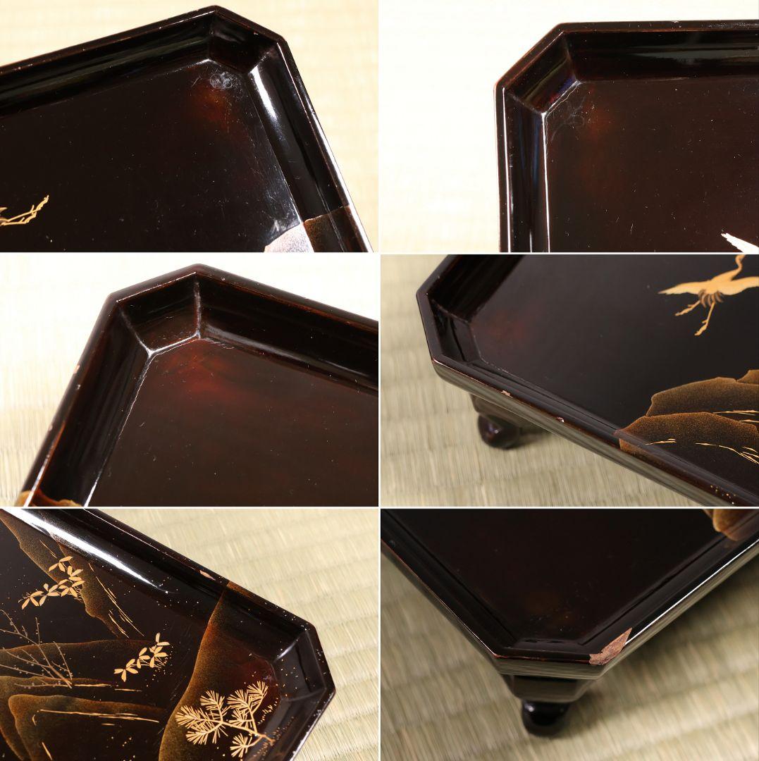 漆芸 山水松竹梅 蝋色塗硯蓋形座附膳 十客 金蒔絵 四方膳 蓬莱鶴亀