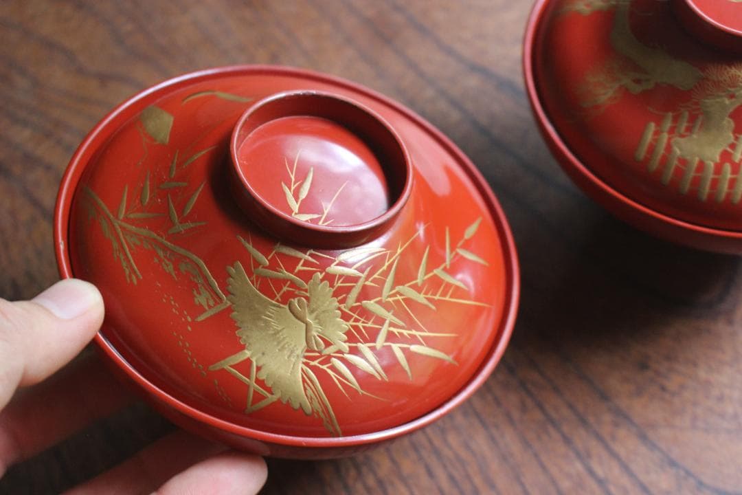 絵柄選択可！時代朱漆に優美な絵替風物蒔絵の映えるお椀7点（検輪島塗