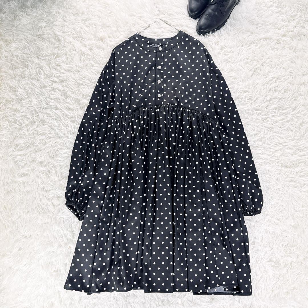 BEARDSLEY【洗える】パール釦ドットギャザーチュニック ワンピース