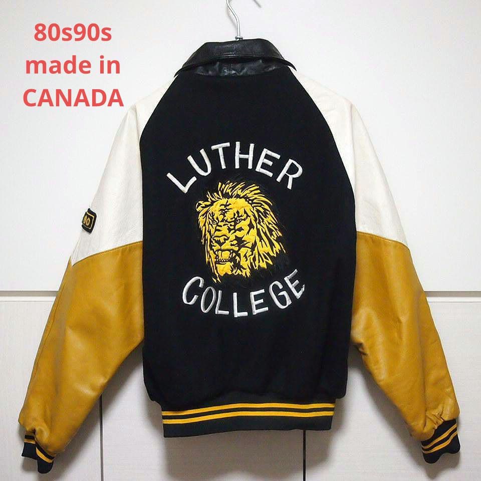 80s90s★カナダ製　メルトン×レザー　スタジャン　刺繍　ワッペン　ブラック