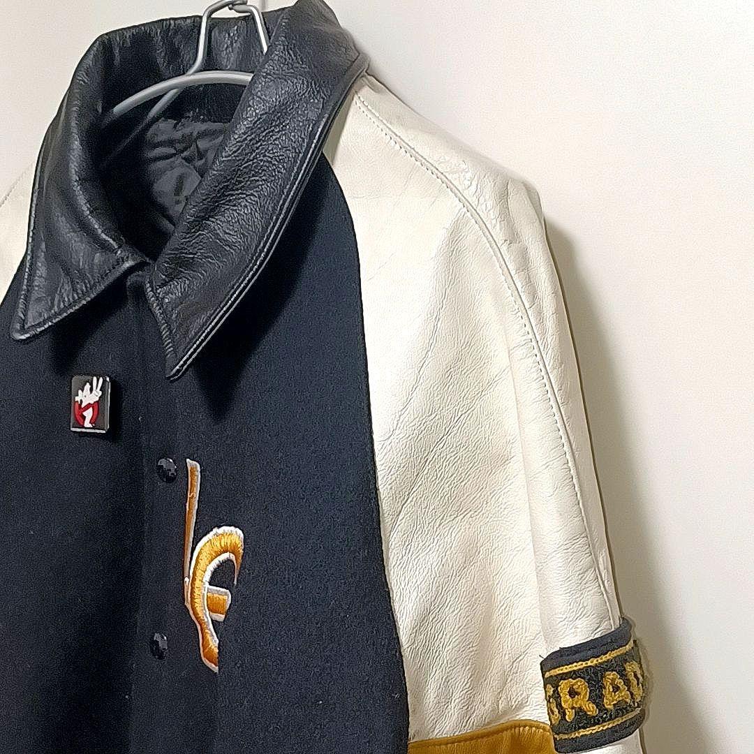 80s90s★カナダ製　メルトン×レザー　スタジャン　刺繍　ワッペン　ブラック