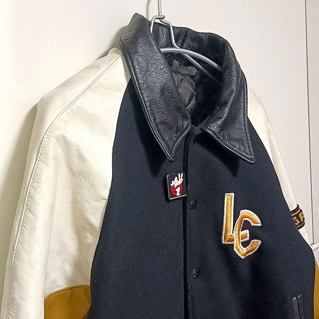 80s90s★カナダ製　メルトン×レザー　スタジャン　刺繍　ワッペン　ブラック