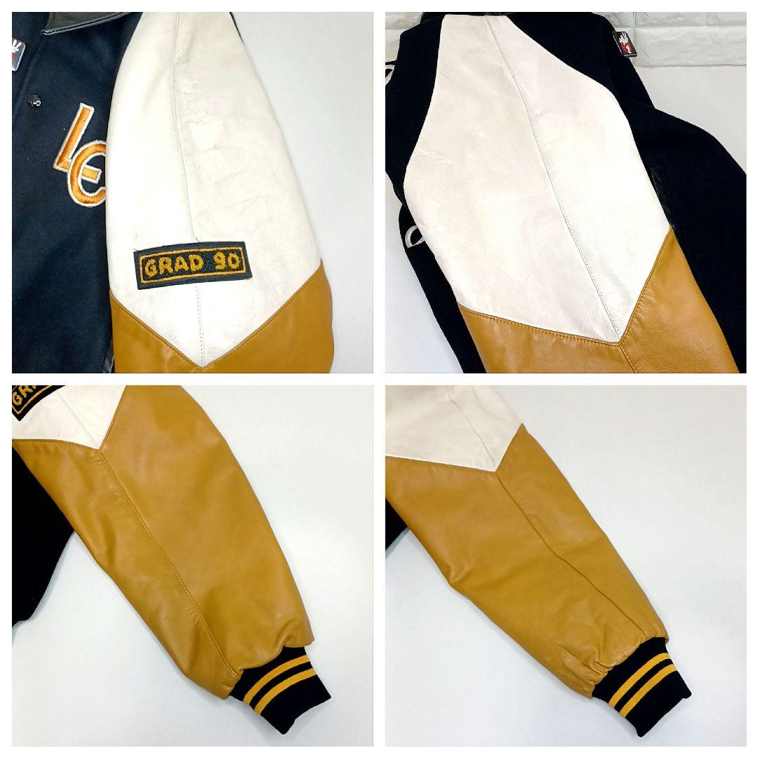 80s90s★カナダ製　メルトン×レザー　スタジャン　刺繍　ワッペン　ブラック