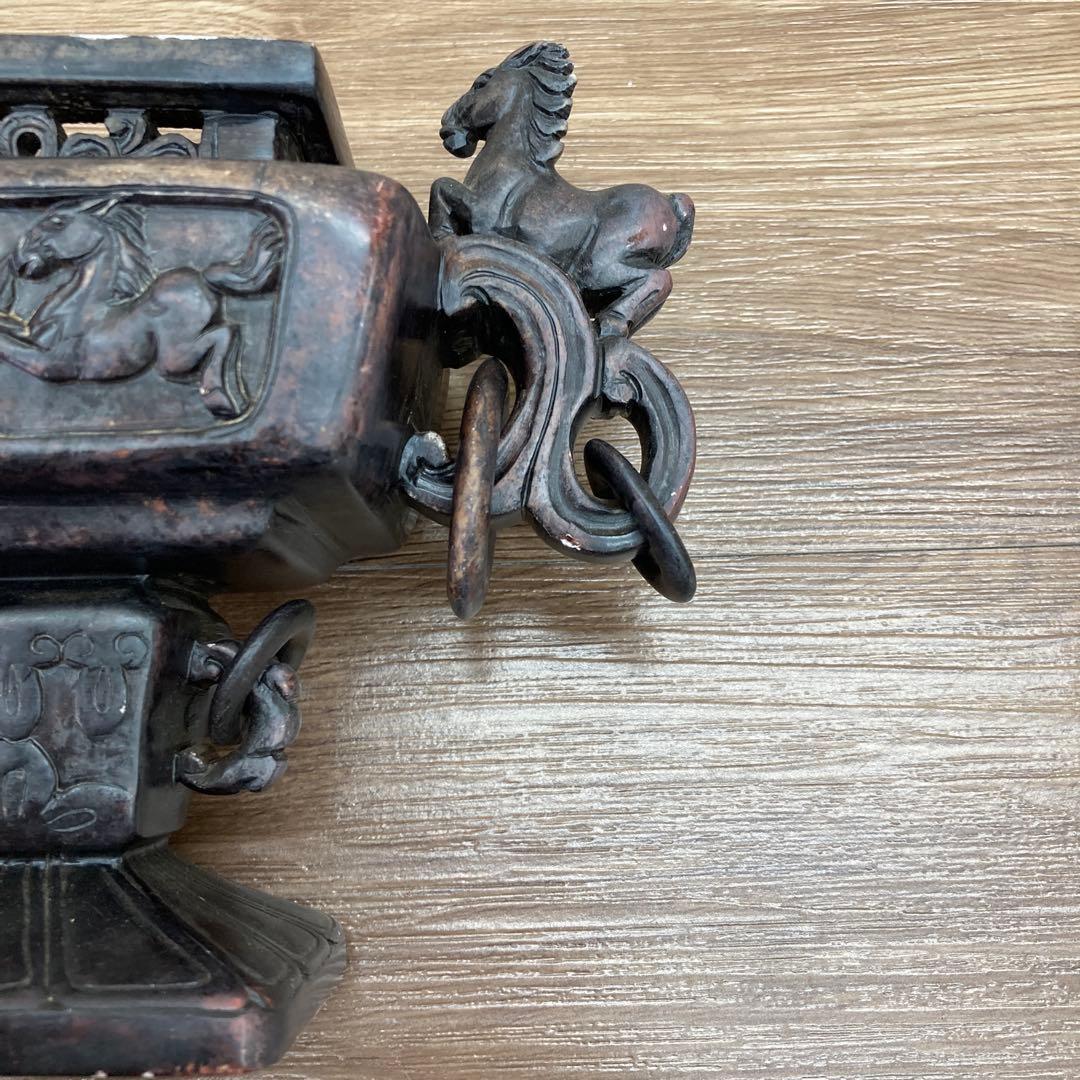 E-4 【希少】馬 彫刻 香炉 飾り壺 三足 蓋なし アンティーク 骨董品 イン